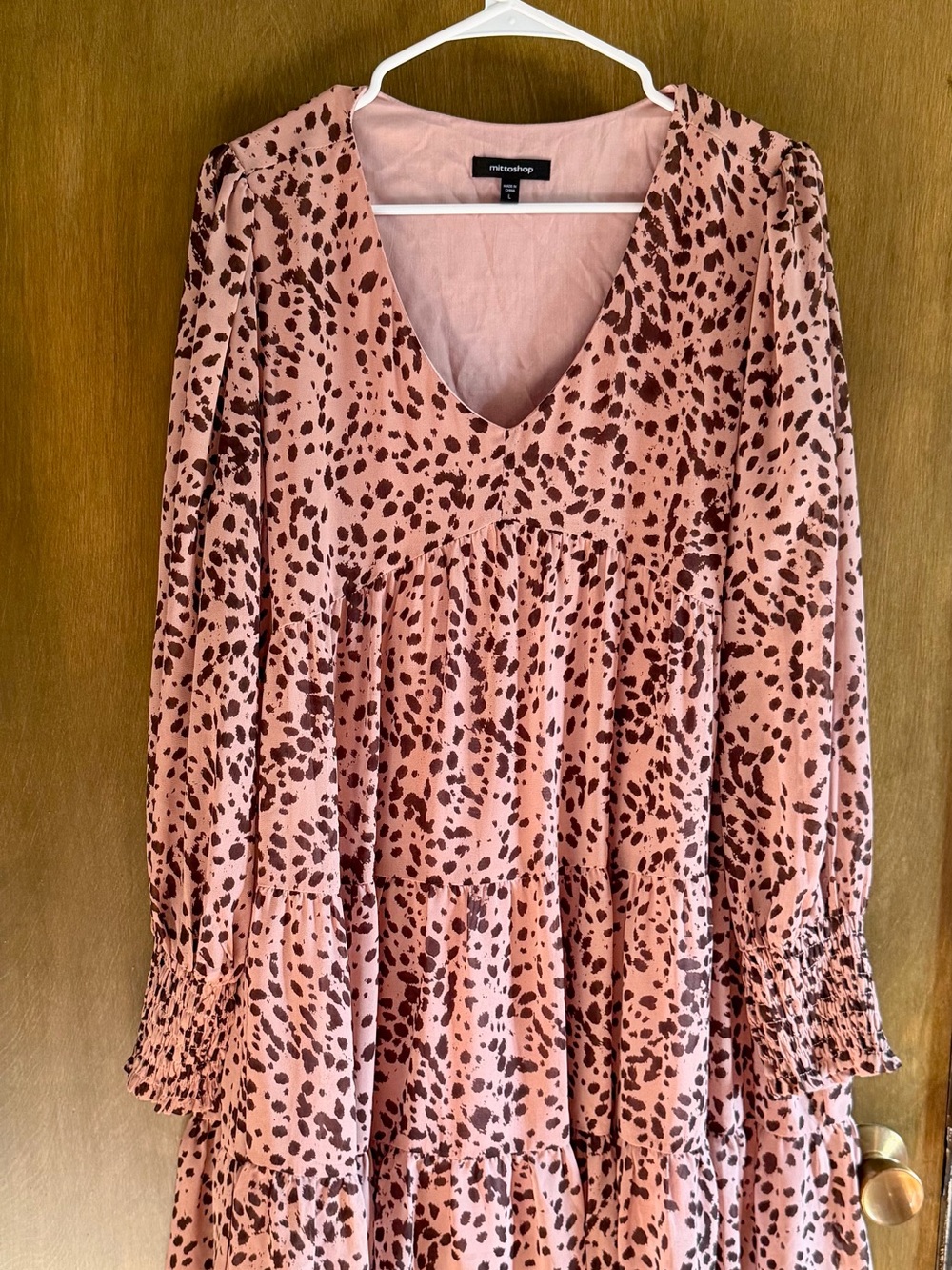 mittoshop Pink and Brown Spotted V-Neck Tiered Tunic